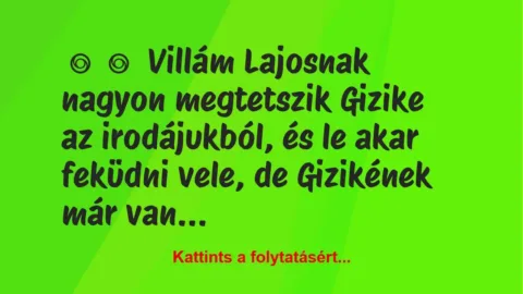 Vicc:
Villám Lajosnak nagyon megtetszik Gizike az irodájukból, és… Vicc:
Villám Lajosnak nagyon megtetszik Gizike az irodájukból, és…
