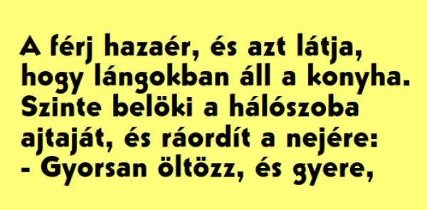 Vicc: A férj hazaér, és azt látja, hogy lángokban áll Vicc: A férj hazaér, és azt látja, hogy lángokban áll a konyha.