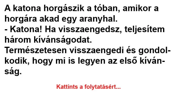 Vicc: A katona horgászik a tóban, amikor a horgára akad Vicc: A katona horgászik a tóban, amikor a horgára akad egy aranyhal