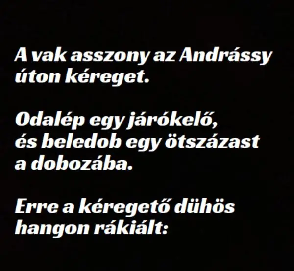 Vicc: A vak asszony az Andrássy úton kéreget. Odalép egy Vicc: A vak asszony az Andrássy úton kéreget. Odalép egy járókelő