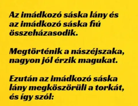 Vicc: Az imádkozó sáska lány és az imádkozó sáska fiú összeházasodik.