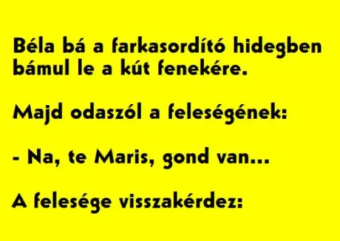 Vicc: Béla bá a farkasordító hidegben bámul le a kút Vicc: Béla bá a farkasordító hidegben bámul le a kút fenekére.