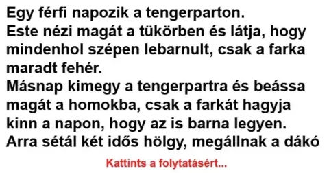 Vicc: Egy férfi napozik a tengerparton