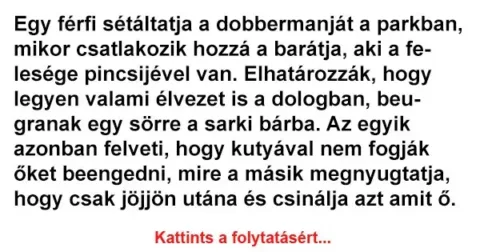 Vicc: Egy férfi sétáltatja a dobbermanját a parkban, mikor csatlakozik hozzá…