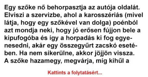 Vicc: Egy szőke nő behorpasztja az autója oldalát. Elviszi a szervizbe, ahol…