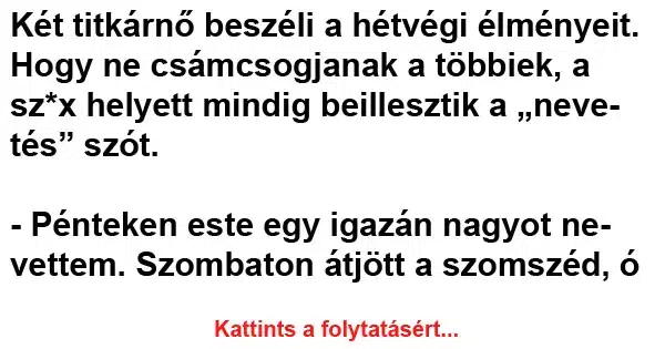 Vicc: Két titkárnő beszéli a hétvégi élményeit Vicc: Két titkárnő beszéli a hétvégi élményeit