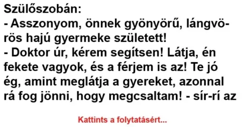 Vicc: Szülőszobán: Asszonyom, önnek gyönyörű, vörös hajú gyermeke született! Vicc: Szülőszobán: Asszonyom, önnek gyönyörű, vörös hajú gyermeke született!