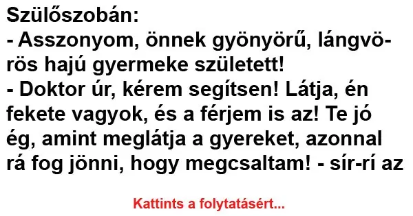 Vicc: Szülőszobán: Asszonyom, önnek gyönyörű, vörös hajú gyermeke született! Vicc: Szülőszobán: Asszonyom, önnek gyönyörű, vörös hajú gyermeke született!