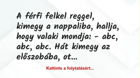 Vicc: A férfi felkel reggel, kimegy a nappaliba, hallja, hogy valaki mondja:… Vicc: A férfi felkel reggel, kimegy a nappaliba, hallja, hogy valaki mondja:…