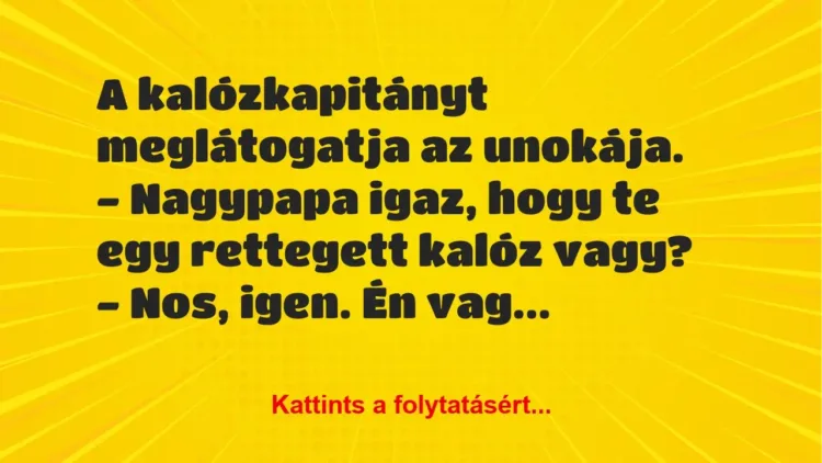 Vicc: A kalózkapitányt meglátogatja az unokája.
– Nagypapa igaz, hogy… Vicc: A kalózkapitányt meglátogatja az unokája.
– Nagypapa igaz, hogy…