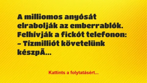 Vicc: A milliomos anyósát elrabolják az emberrablók. Felhívják a fickót… Vicc: A milliomos anyósát elrabolják az emberrablók. Felhívják a fickót…