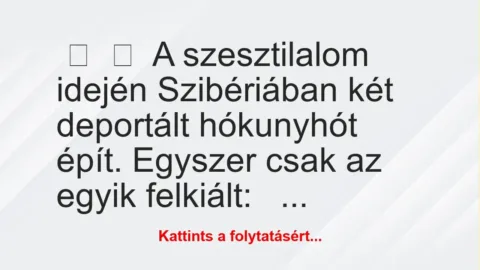 Vicc:
A szesztilalom idején Szibériában két deportált hókunyhót… Vicc:
A szesztilalom idején Szibériában két deportált hókunyhót…