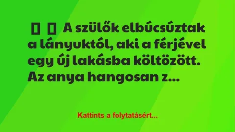 Vicc:
A szülők elbúcsúztak a lányuktól, aki a férjével egy új… Vicc:
A szülők elbúcsúztak a lányuktól, aki a férjével egy új…