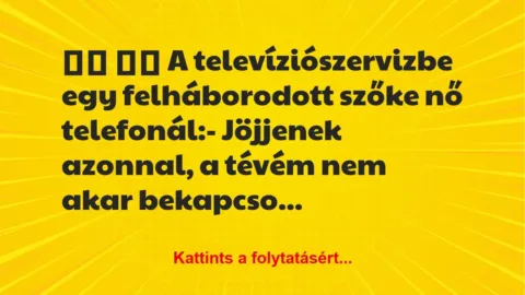 Vicc:
A televíziószervizbe egy felháborodott szőke nő… Vicc:
A televíziószervizbe egy felháborodott szőke nő…