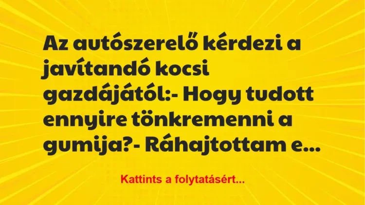 Vicc: Az autószerelő kérdezi a javítandó kocsi gazdájától:
– Hogy… Vicc: Az autószerelő kérdezi a javítandó kocsi gazdájától:
– Hogy…