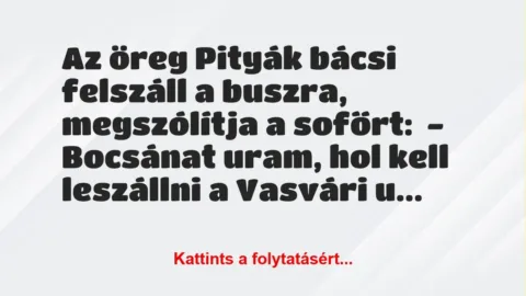 Vicc: Az öreg Pityák bácsi felszáll a buszra, megszólítja a sofőrt:
-… Vicc: Az öreg Pityák bácsi felszáll a buszra, megszólítja a sofőrt:
-…