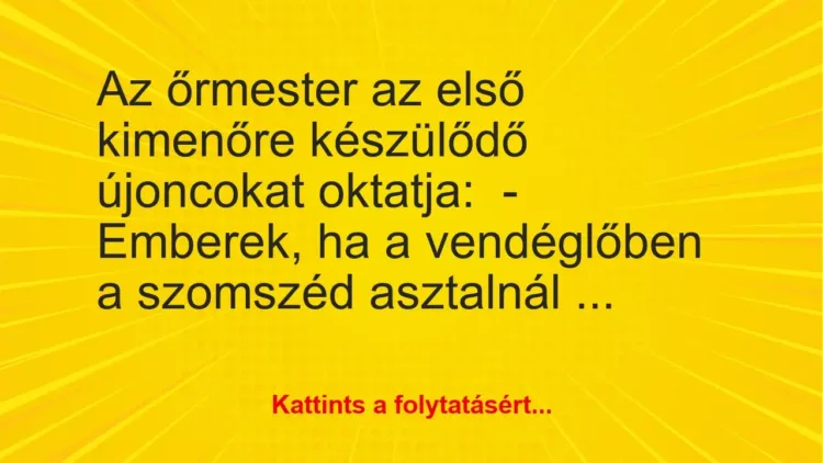 Vicc: Az őrmester az első kimenőre készülődő újoncokat oktatja:
-… Vicc: Az őrmester az első kimenőre készülődő újoncokat oktatja:
-…