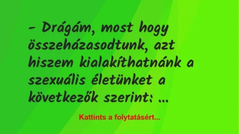 Vicc: – Drágám, most hogy összeházasodtunk, azt hiszem kialakíthatnánk a… Vicc: – Drágám, most hogy összeházasodtunk, azt hiszem kialakíthatnánk a…