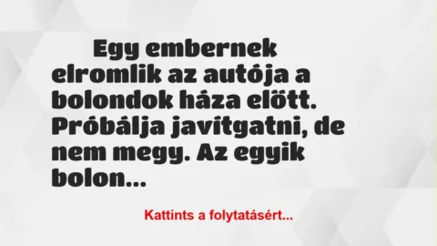 Vicc:
Egy embernek elromlik az autója a bolondok háza előtt…. Vicc:
Egy embernek elromlik az autója a bolondok háza előtt….