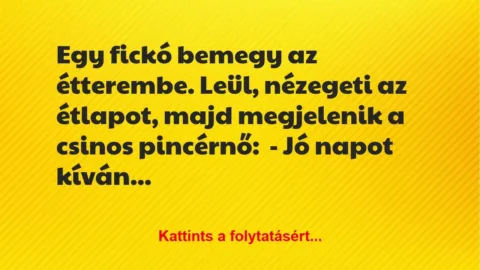 Vicc: Egy fickó bemegy az étterembe. Leül, nézegeti az étlapot, majd… Vicc: Egy fickó bemegy az étterembe. Leül, nézegeti az étlapot, majd…