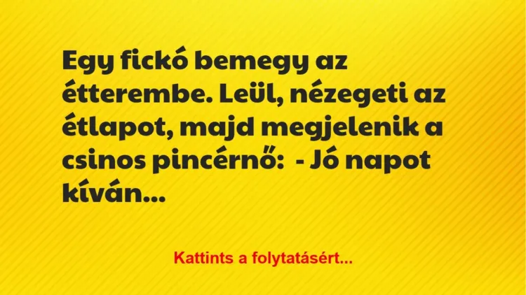Vicc: Egy fickó bemegy az étterembe. Leül, nézegeti az étlapot, majd… Vicc: Egy fickó bemegy az étterembe. Leül, nézegeti az étlapot, majd…