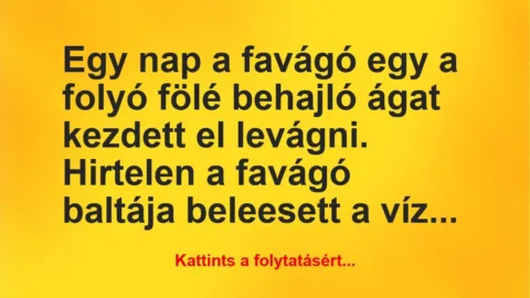 Vicc: Egy nap a favágó egy a folyó fölé behajló ágat kezdett el levágni…. Vicc: Egy nap a favágó egy a folyó fölé behajló ágat kezdett el levágni….
