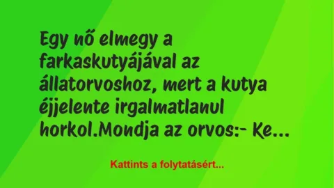 Vicc: Egy nő elmegy a farkaskutyájával az állatorvoshoz, mert a kutya… Vicc: Egy nő elmegy a farkaskutyájával az állatorvoshoz, mert a kutya…