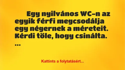 Vicc:
Egy nyilvános WC-n az egyik férfi megcsodálja egy négernek … Vicc:
Egy nyilvános WC-n az egyik férfi megcsodálja egy négernek …