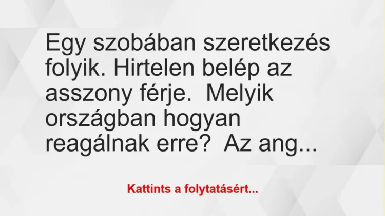 Vicc: Egy szobában szeretkezés folyik. Hirtelen belép az asszony… Vicc: Egy szobában szeretkezés folyik. Hirtelen belép az asszony…