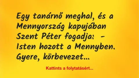 Vicc: Egy tanárnő meghal, és a Mennyország kapujában Szent Péter… Vicc: Egy tanárnő meghal, és a Mennyország kapujában Szent Péter…