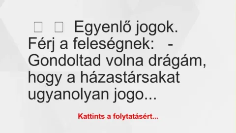 Vicc:
Egyenlő jogok.
Férj a feleségnek:
– Gondoltad… Vicc:
Egyenlő jogok.
Férj a feleségnek:
– Gondoltad…