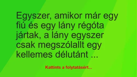 Vicc: Egyszer, amikor már egy fiú és egy lány régóta jártak, a lány egyszer…