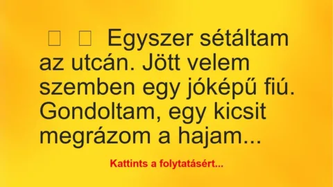 Vicc:
Egyszer sétáltam az utcán. Jött velem szemben egy jóképű… Vicc:
Egyszer sétáltam az utcán. Jött velem szemben egy jóképű…