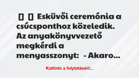 Vicc:
Esküvői ceremónia a csúcsponthoz közeledik.
Az… Vicc:
Esküvői ceremónia a csúcsponthoz közeledik.
Az…
