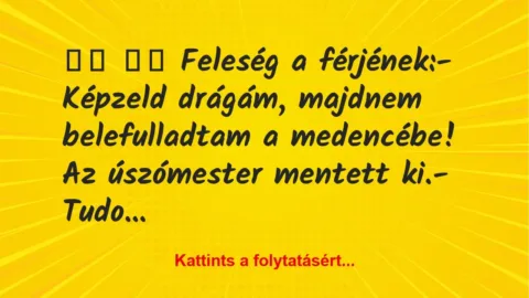 Vicc:
Feleség a férjének:- Képzeld drágám, majdnem … Vicc:
Feleség a férjének:- Képzeld drágám, majdnem …