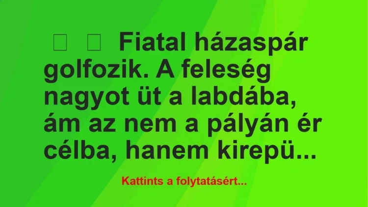 Vicc:
Fiatal házaspár golfozik. A feleség nagyot üt a labdába, ám… Vicc:
Fiatal házaspár golfozik. A feleség nagyot üt a labdába, ám…