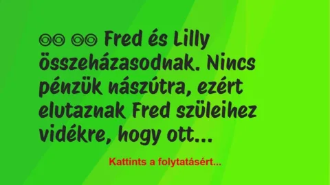 Vicc: 
		  
		  Fred és Lilly összeházasodnak. Nincs pénzük…