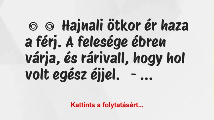Vicc:
Hajnali ötkor ér haza a férj. A felesége ébren várja, és… Vicc:
Hajnali ötkor ér haza a férj. A felesége ébren várja, és…