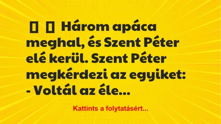 Vicc:
Három apáca meghal, és Szent Péter elé kerül. Szent Péter… Vicc:
Három apáca meghal, és Szent Péter elé kerül. Szent Péter…