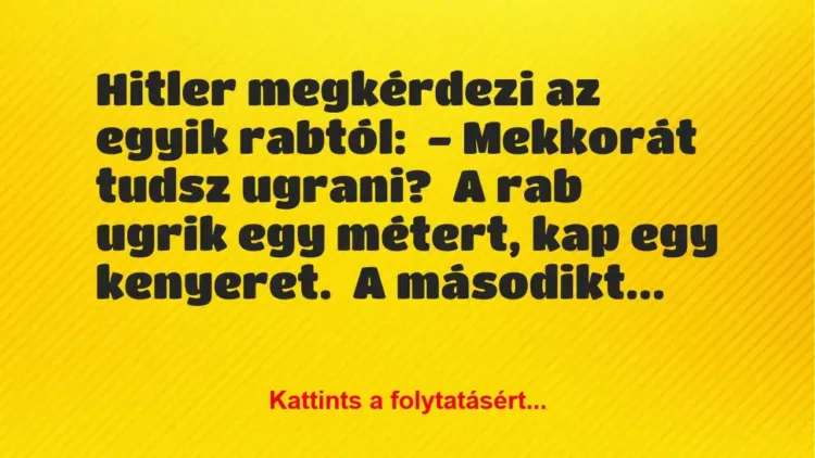 Vicc: Hitler megkérdezi az egyik rabtól:
– Mekkorát tudsz… Vicc: Hitler megkérdezi az egyik rabtól:
– Mekkorát tudsz…