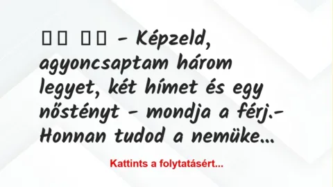 Vicc:
– Képzeld, agyoncsaptam három legyet, két hímet… Vicc:
– Képzeld, agyoncsaptam három legyet, két hímet…