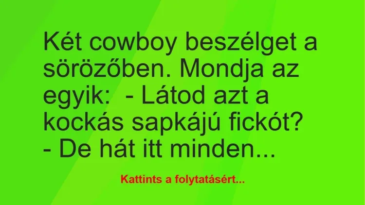 Vicc: Két cowboy beszélget a sörözőben. Mondja az egyik:
– Látod azt a… Vicc: Két cowboy beszélget a sörözőben. Mondja az egyik:
– Látod azt a…