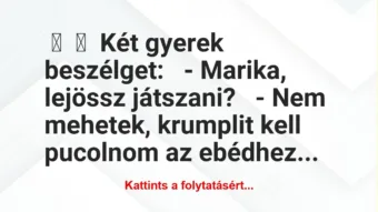 Vicc: 
	    	    Két gyerek beszélget:


– Marika, lejössz…
