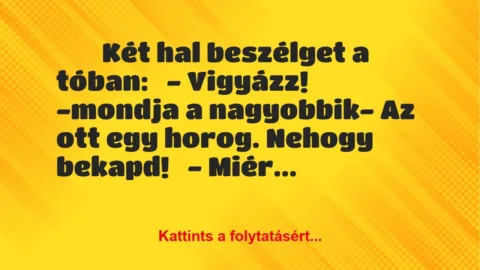 Vicc:
Két hal beszélget a tóban:
– Vigyázz! -mondja a… Vicc:
Két hal beszélget a tóban:
– Vigyázz! -mondja a…