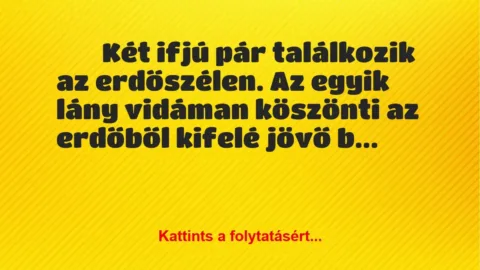 Vicc:
Két ifjú pár találkozik az erdőszélen. Az egyik lány… Vicc:
Két ifjú pár találkozik az erdőszélen. Az egyik lány…