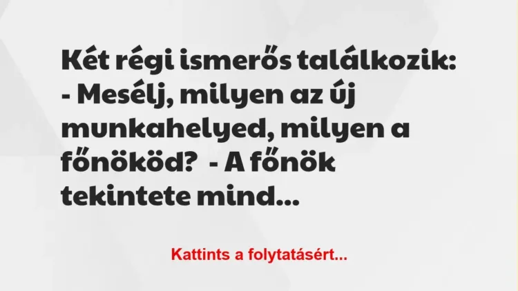 Vicc: Két régi ismerős találkozik:
– Mesélj, milyen az új munkahelyed,… Vicc: Két régi ismerős találkozik:
– Mesélj, milyen az új munkahelyed,…