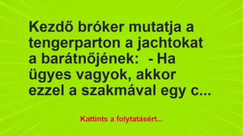 Vicc: Kezdő bróker mutatja a tengerparton a jachtokat a barátnőjének:
-… Vicc: Kezdő bróker mutatja a tengerparton a jachtokat a barátnőjének:
-…