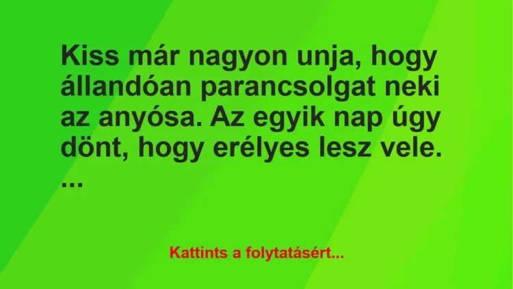 Vicc: Kiss már nagyon unja, hogy állandóan parancsolgat neki az anyósa. Az… Vicc: Kiss már nagyon unja, hogy állandóan parancsolgat neki az anyósa. Az…