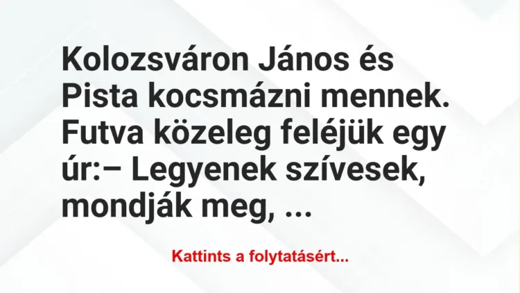 Vicc: Kolozsváron János és Pista kocsmázni mennek. Futva közeleg feléjük egy… Vicc: Kolozsváron János és Pista kocsmázni mennek. Futva közeleg feléjük egy…