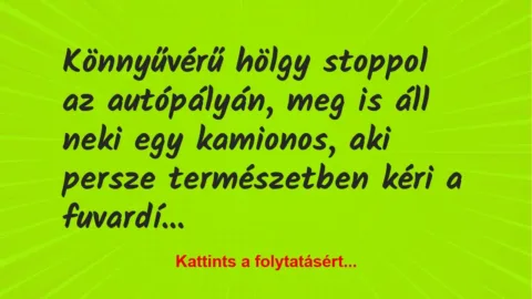 Vicc: Könnyűvérű hölgy stoppol az autópályán, meg is áll neki egy kamionos,…